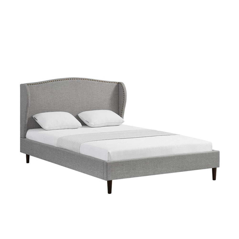 HomeRoots Gray Linen Upholstered Queen Bed Frame with Nailhead Trim - Stylish Rustic Platform Design & Comfort 544868