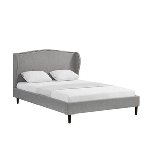 HomeRoots Gray Linen Upholstered Queen Bed Frame with Nailhead Trim - Stylish Rustic Platform Design & Comfort 544868