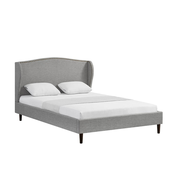 HomeRoots Gray Linen Upholstered Queen Bed Frame with Nailhead Trim - Stylish Rustic Platform Design & Comfort 544868