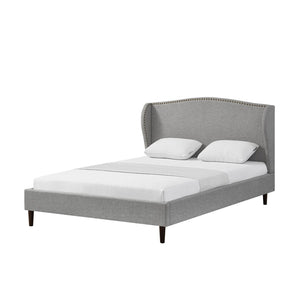 HomeRoots Gray Linen Upholstered Queen Bed Frame with Nailhead Trim - Stylish Rustic Platform Design & Comfort 544868