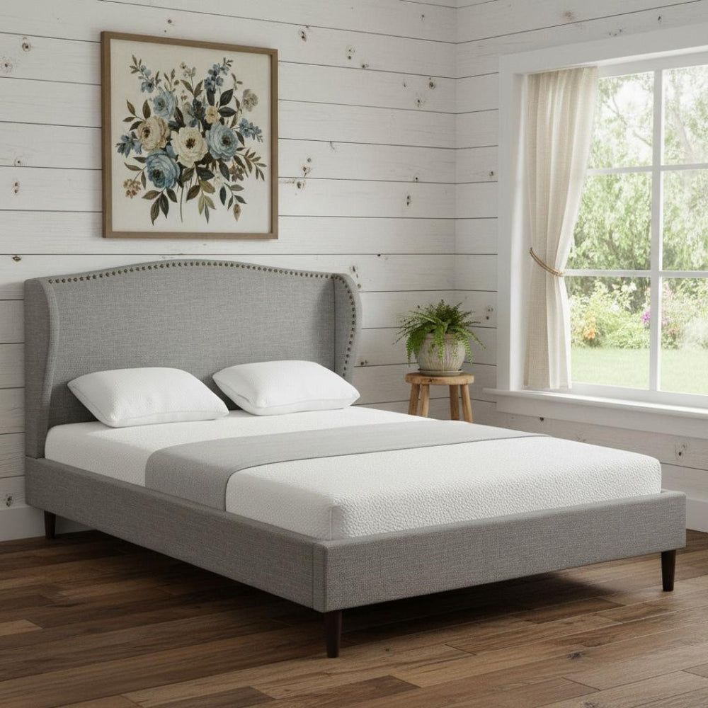 HomeRoots Gray Linen Upholstered Queen Bed Frame with Nailhead Trim - Stylish Rustic Platform Design & Comfort 544868