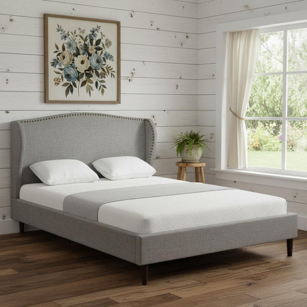 HomeRoots Gray Linen Upholstered Queen Bed Frame with Nailhead Trim - Stylish Rustic Platform Design & Comfort 544868