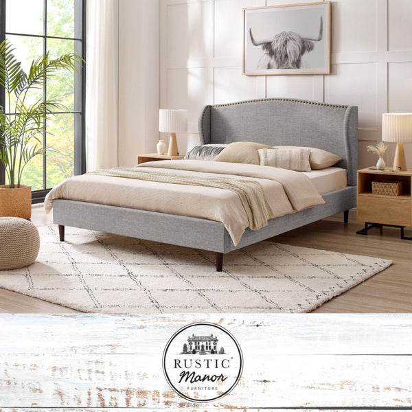 HomeRoots Gray Linen Upholstered Queen Bed Frame with Nailhead Trim - Stylish Rustic Platform Design & Comfort 544868