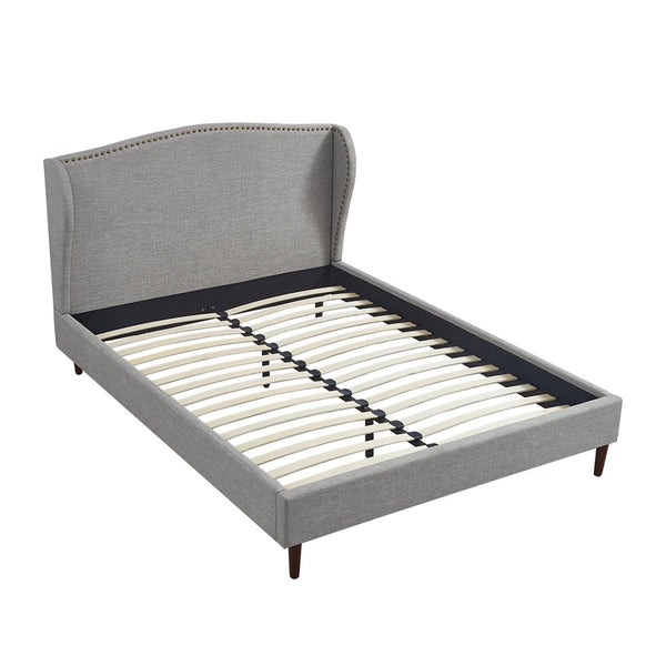 HomeRoots Gray Linen Upholstered Queen Bed Frame with Nailhead Trim - Stylish Rustic Platform Design & Comfort 544868