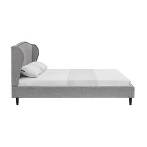HomeRoots Gray Linen Upholstered Queen Bed Frame with Nailhead Trim - Stylish Rustic Platform Design & Comfort 544868