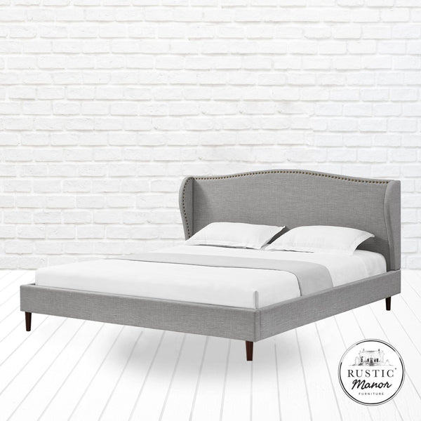HomeRoots Gray Linen Upholstered Queen Bed Frame with Nailhead Trim - Stylish Rustic Platform Design & Comfort 544868