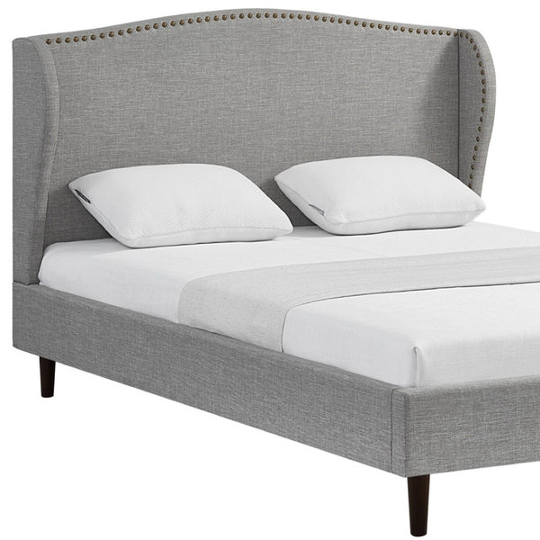 HomeRoots Gray Linen Upholstered Queen Bed Frame with Nailhead Trim - Stylish Rustic Platform Design & Comfort 544868
