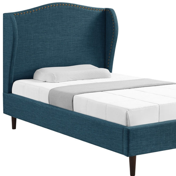 HomeRoots Navy Linen Upholstered Twin Bed Frame with Elegant Nailhead Trim & Durable Eucalyptus Support 544869