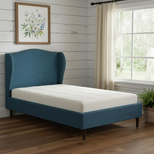 HomeRoots Navy Linen Upholstered Twin Bed Frame with Elegant Nailhead Trim & Durable Eucalyptus Support 544869