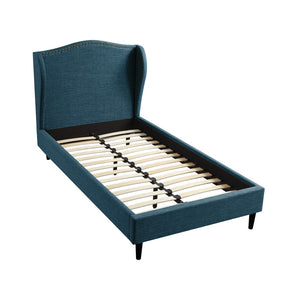 HomeRoots Navy Linen Upholstered Twin Bed Frame with Elegant Nailhead Trim & Durable Eucalyptus Support 544869