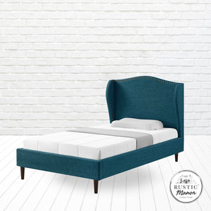 HomeRoots Navy Linen Upholstered Twin Bed Frame with Elegant Nailhead Trim & Durable Eucalyptus Support 544869