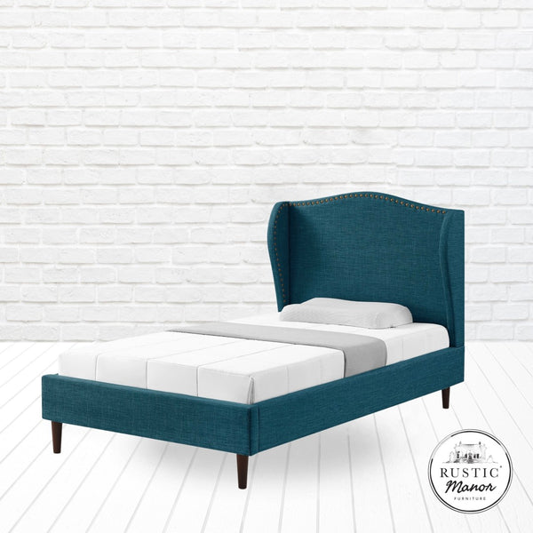 HomeRoots Navy Linen Upholstered Twin Bed Frame with Elegant Nailhead Trim & Durable Eucalyptus Support 544869