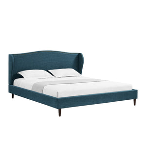HomeRoots Navy Blue Linen Upholstered King Bed Frame with Nailhead Trim for Rustic Elegance & Comfort 544870