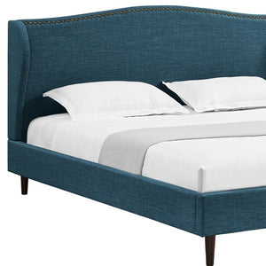 HomeRoots Navy Blue Linen Upholstered King Bed Frame with Nailhead Trim for Rustic Elegance & Comfort 544870