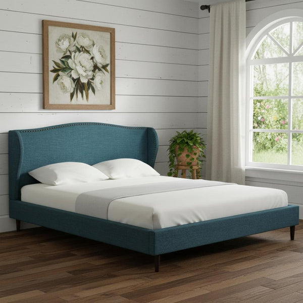 HomeRoots Navy Blue Linen Upholstered King Bed Frame with Nailhead Trim for Rustic Elegance & Comfort 544870
