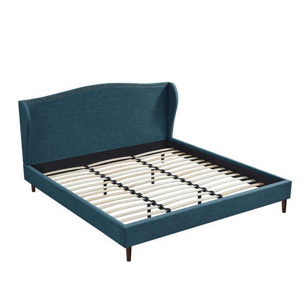 HomeRoots Navy Blue Linen Upholstered King Bed Frame with Nailhead Trim for Rustic Elegance & Comfort 544870