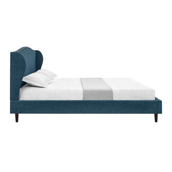 HomeRoots Navy Blue Linen Upholstered King Bed Frame with Nailhead Trim for Rustic Elegance & Comfort 544870
