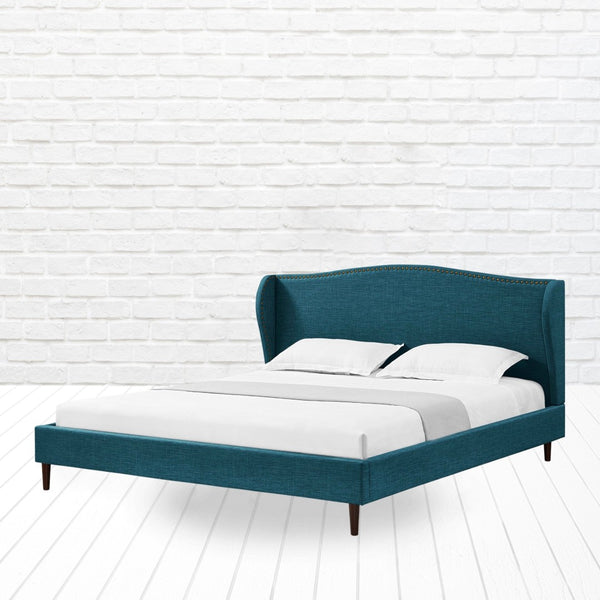 HomeRoots Navy Blue Linen Upholstered King Bed Frame with Nailhead Trim for Rustic Elegance & Comfort 544870
