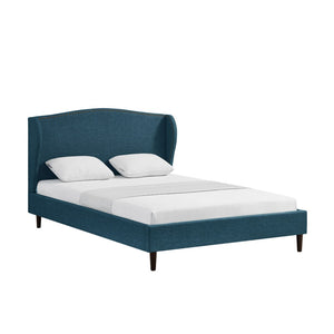 HomeRoots Navy Blue Linen Upholstered Queen Bed Frame, Nailhead Trim, Sturdy Eucalyptus Wood, Rustic Style 544871