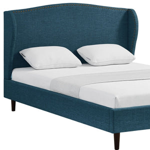 HomeRoots Navy Blue Linen Upholstered Queen Bed Frame, Nailhead Trim, Sturdy Eucalyptus Wood, Rustic Style 544871