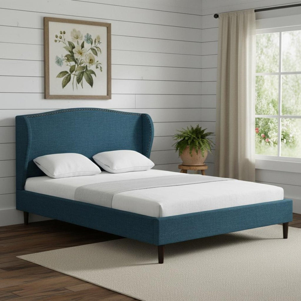 HomeRoots Navy Blue Linen Upholstered Queen Bed Frame, Nailhead Trim, Sturdy Eucalyptus Wood, Rustic Style 544871