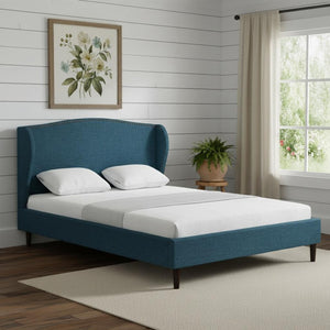 HomeRoots Navy Blue Linen Upholstered Queen Bed Frame, Nailhead Trim, Sturdy Eucalyptus Wood, Rustic Style 544871