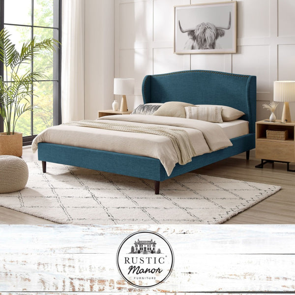 HomeRoots Navy Blue Linen Upholstered Queen Bed Frame, Nailhead Trim, Sturdy Eucalyptus Wood, Rustic Style 544871