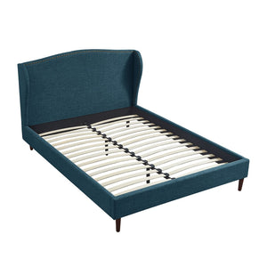 HomeRoots Navy Blue Linen Upholstered Queen Bed Frame, Nailhead Trim, Sturdy Eucalyptus Wood, Rustic Style 544871