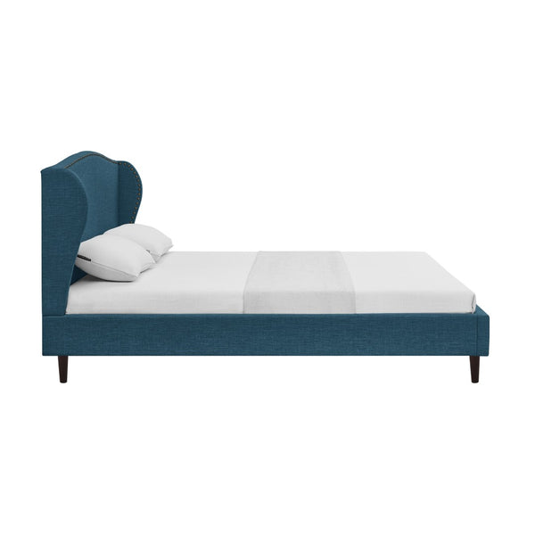 HomeRoots Navy Blue Linen Upholstered Queen Bed Frame, Nailhead Trim, Sturdy Eucalyptus Wood, Rustic Style 544871