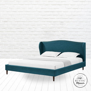 HomeRoots Navy Blue Linen Upholstered Queen Bed Frame, Nailhead Trim, Sturdy Eucalyptus Wood, Rustic Style 544871