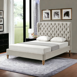 Homeroots Beige Solid Wood Queen Tufted Upholstered Linen Bed Beige Linen 544873