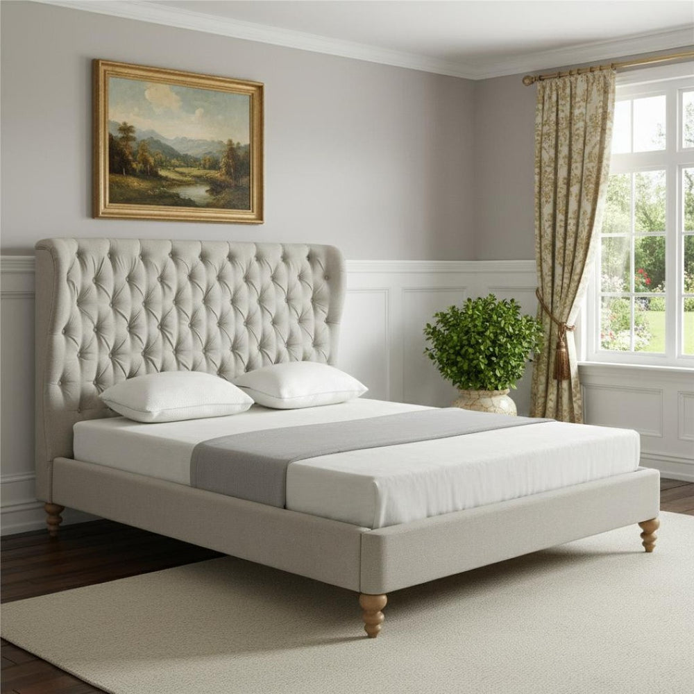 HomeRoots Beige Tufted Linen Upholstered Twin Bed Frame - Elegant, Durable Design for Cozy Comfort in Any Room 544874