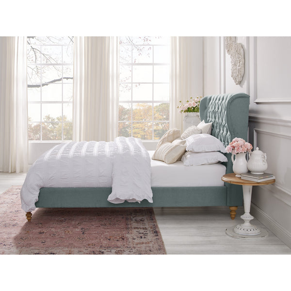 Homeroots Blue Solid Wood King Tufted Upholstered Linen Bed Sea Blue Linen 544875