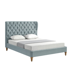Homeroots Blue Solid Wood King Tufted Upholstered Linen Bed Sea Blue Linen 544875