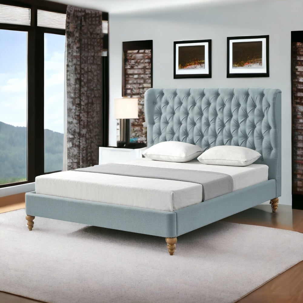 HomeRoots Beige Tufted Linen Bed with Solid Wood Frame - Elegant Wingback Design for Luxurious Bedrooms Sea Blue 544875