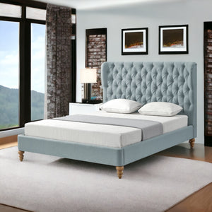Homeroots Blue Solid Wood King Tufted Upholstered Linen Bed Sea Blue Linen 544875
