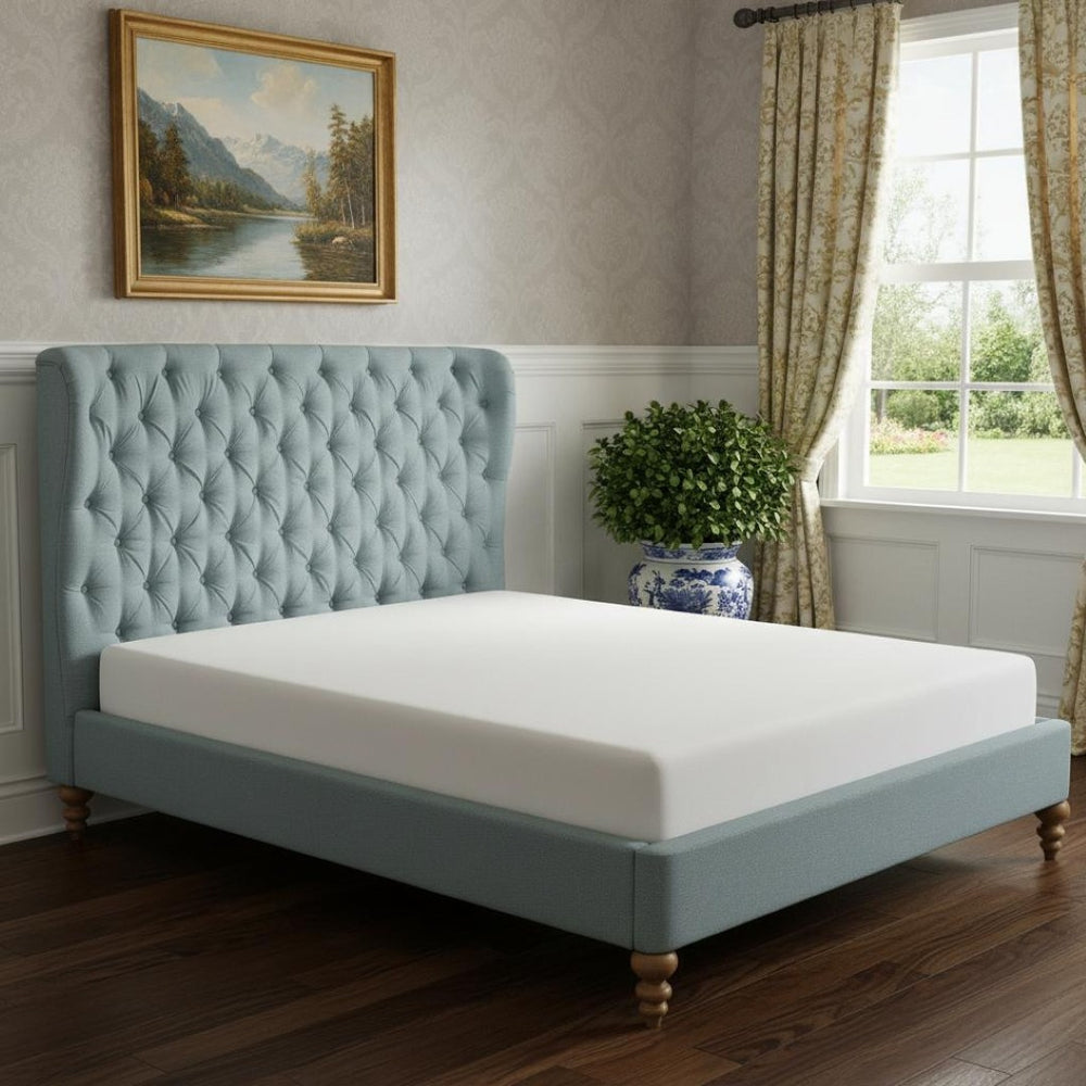 HomeRoots Blue Tufted Linen Queen Bed Frame - Elegant Upholstered Design, Sturdy Support & Cozy Comfort 544876