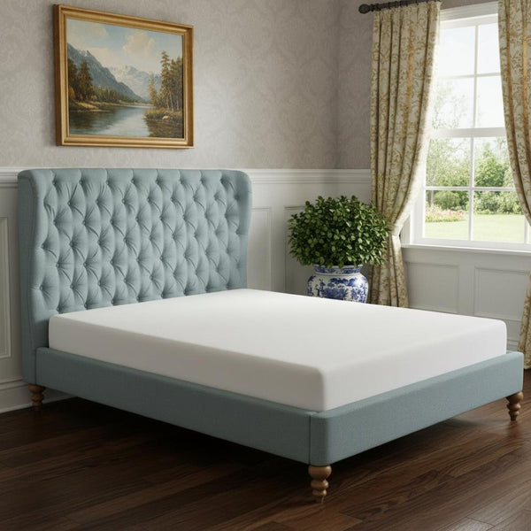 HomeRoots Blue Tufted Linen Queen Bed Frame - Elegant Upholstered Design, Sturdy Support & Cozy Comfort 544876