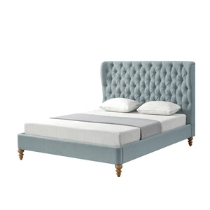 Homeroots Blue Solid Wood Twin Tufted Upholstered Linen Bed Sea Blue Linen 544877