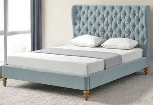 Homeroots Blue Solid Wood Twin Tufted Upholstered Linen Bed Sea Blue Linen 544877