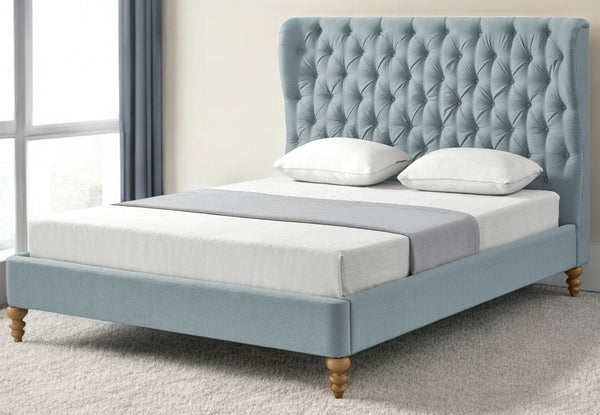 Homeroots Blue Solid Wood Twin Tufted Upholstered Linen Bed Sea Blue Linen 544877