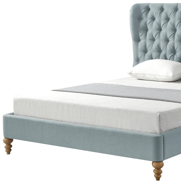 Homeroots Blue Solid Wood Twin Tufted Upholstered Linen Bed Sea Blue Linen 544877