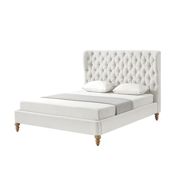 Homeroots Cream Solid Wood King Tufted Upholstered Linen Bed Cream White Linen 544878