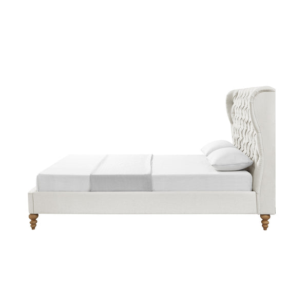 Homeroots Cream Solid Wood King Tufted Upholstered Linen Bed Cream White Linen 544878