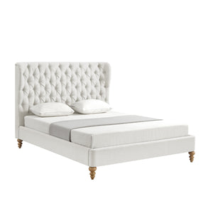 Homeroots Cream Solid Wood King Tufted Upholstered Linen Bed Cream White Linen 544878