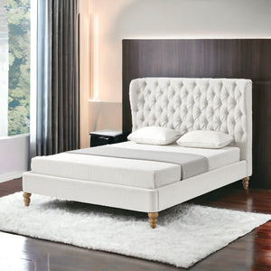Homeroots Cream Solid Wood King Tufted Upholstered Linen Bed Cream White Linen 544878
