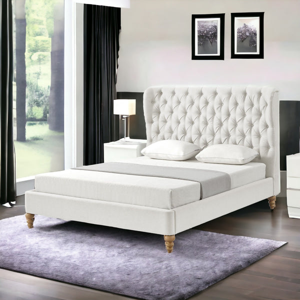 Homeroots Cream Solid Wood Queen Tufted Upholstered Linen Bed Cream White Linen 544879