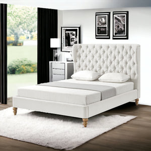 Homeroots Cream Solid Wood Twin Tufted Upholstered Linen Bed Cream White Linen 544880