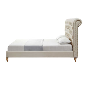 Homeroots Beige Solid Wood Queen Tufted Upholstered Linen Bed With Nailhead Trim Beige Linen 544881