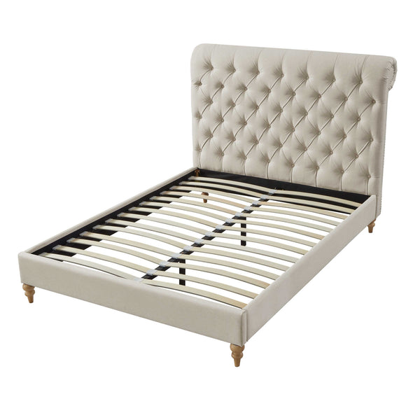Homeroots Beige Solid Wood Queen Tufted Upholstered Linen Bed With Nailhead Trim Beige Linen 544881